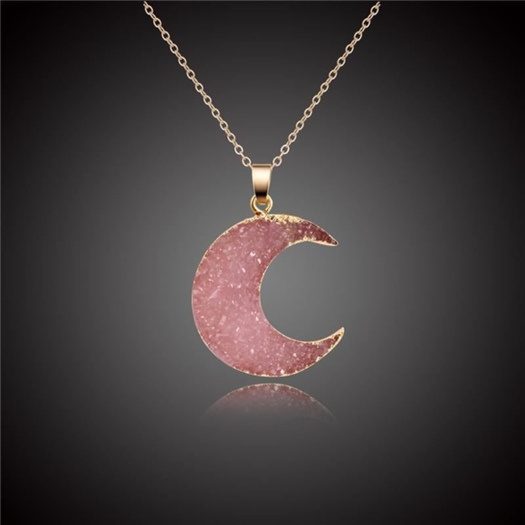🌸PINK GOLD DRUZY HALF MOON 18" NECKLACE CHAIN LUV - Picture 2 of 7